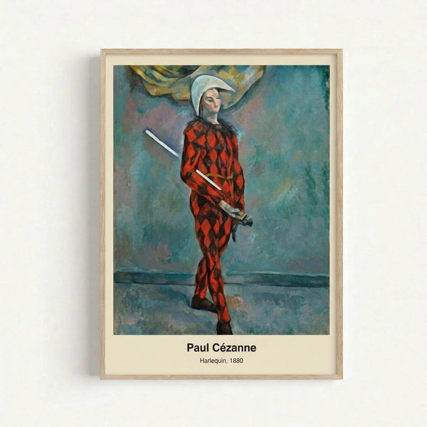 Framed impressionist portrait of a harlequin character with a psychologically complex expression, painted in warm ochre and cool blues by Cezanne.