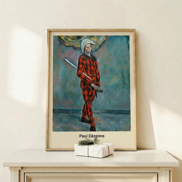 Impressionist caricature of a harlequin actor by Cezanne, dominated by earthy browns and blues with an introspective, psychologically layered presence.