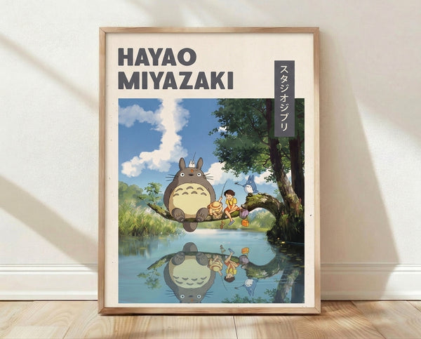Whimsical framed poster of a friendly forest spirit sitting by a tranquil pond with a child, rendered in soft cream, forest green, and sky blue tones in Studio Ghibli's signature illustration style.