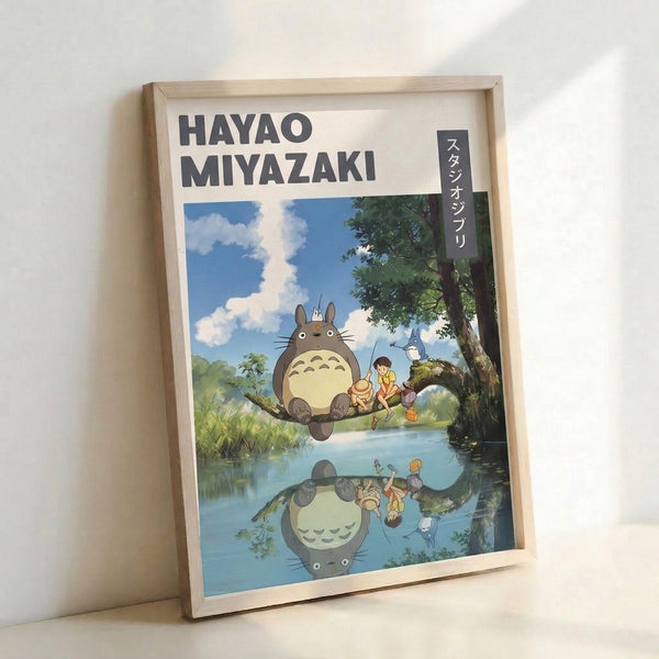Japandi-style framed poster depicting a beloved forest character fishing at a woodland pond, illustrated in soothing cream and green hues with touches of sky blue and warm earth tones.
