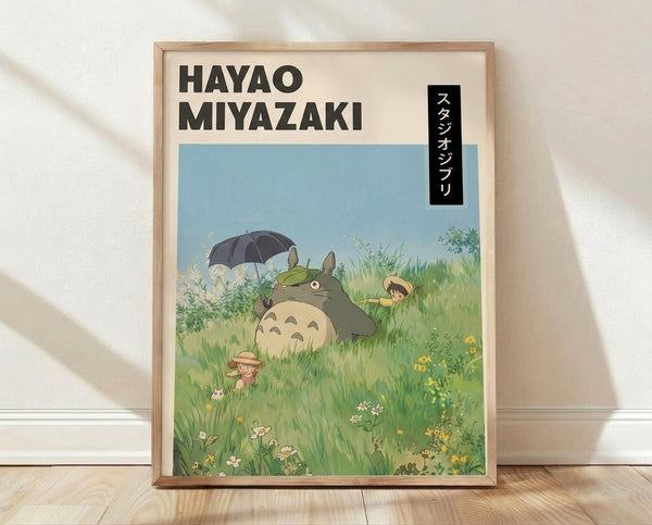 Framed poster of a friendly forest spirit holding an umbrella in a lush meadow filled with wildflowers, rendered in soft greens, blues, and creams in the style of Studio Ghibli animation.