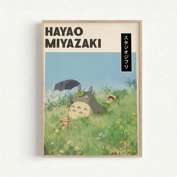 Japanese-inspired art print featuring a whimsical creature in a peaceful flower field beneath an umbrella, with delicate watercolor-like brushwork in muted tones of green and sky blue.