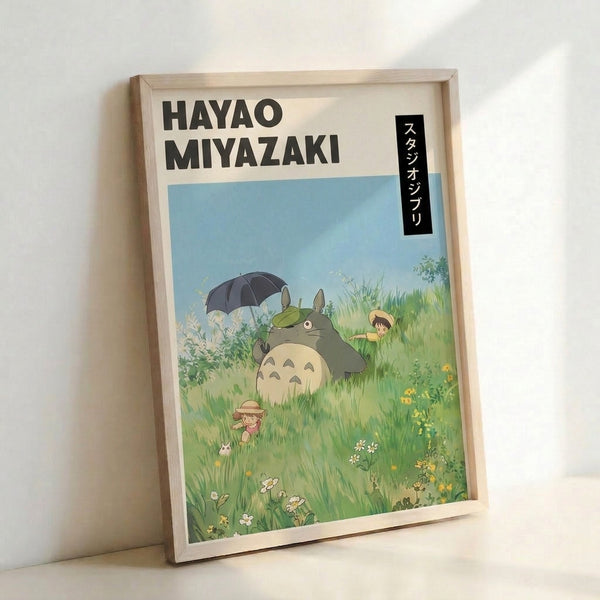Studio Ghibli wall art depicting a gentle forest spirit among blooming grass and flowers, holding an umbrella, with a nostalgic and dreamlike quality in soft pastel colors.