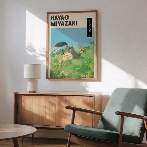Whimsical poster art showing a cherished Ghibli creature surrounded by wildflowers in a peaceful landscape, rendered in the delicate style of Japanese woodblock aesthetics.