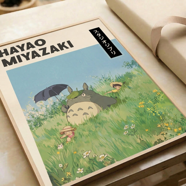 Japanese animation-inspired art print of a magical forest spirit in a blooming field, holding an umbrella, with a calm and enchanting mood in soft cream and green tones.