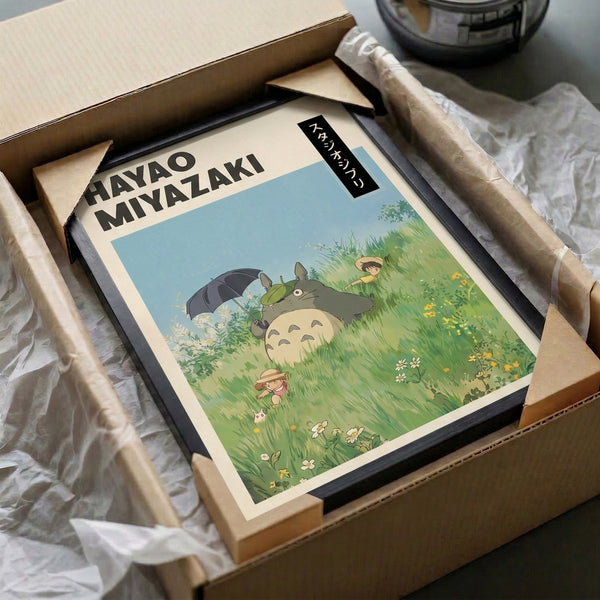 Nostalgic Ghibli-style poster featuring a beloved character in a flower-filled meadow with an umbrella, capturing peaceful wonder through muted, harmonious colors.