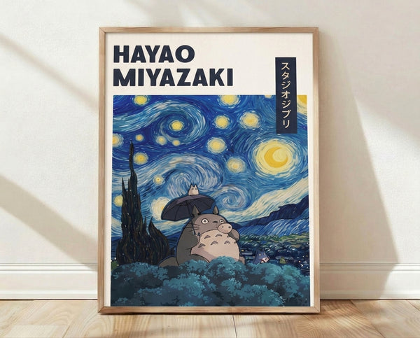 Whimsical framed poster featuring Totoro holding an umbrella beneath a starry night sky with swirling stars and a crescent moon, inspired by Van Gogh's Starry Night style with deep blue, yellow, and cream tones.