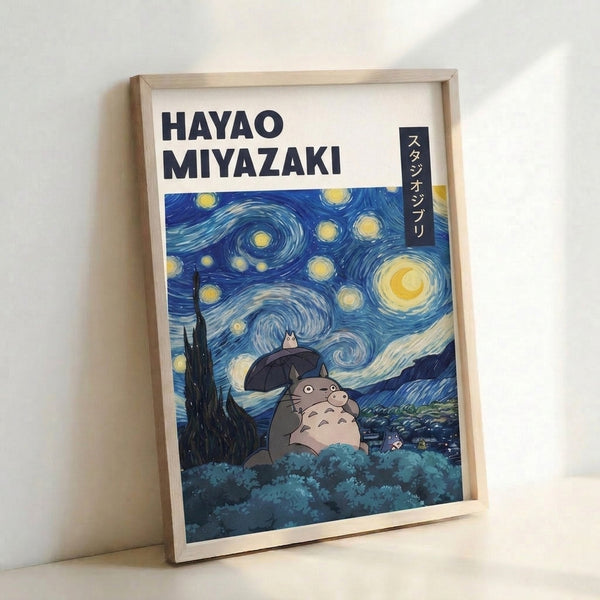 Modern pop art poster blending Ghibli charm with Starry Night aesthetics: Totoro stands under an umbrella surrounded by swirling constellations, cypress silhouettes, and dreamy colors of deep blue and cream.