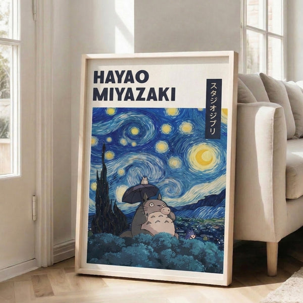 Peaceful wall art combining anime and post-impressionist styles, featuring Totoro amid a starlit landscape with yellow stars, dark green trees, and a serene moon overhead in cool blue hues.