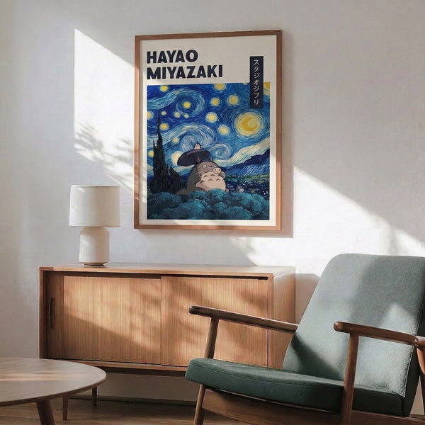 Magical anime-inspired print depicting Totoro with umbrella in a nocturnal landscape filled with twinkling stars, crescent moon, and vegetation rendered in dreamy blues, greys, and warm cream accents.