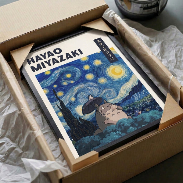 Contemporary poster art merging Studio Ghibli imagery with Starry Night composition: Totoro figures in a celestial scene with swirling sky, cypress tree, and palette of midnight blue, yellow stars, and muted greens.