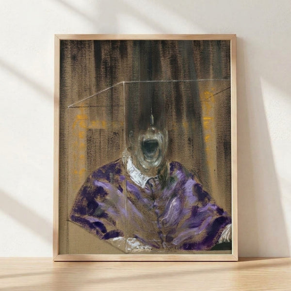 Abstract faceless portrait Head VI in dark tones, featuring distorted contoured forms in charcoal and muted earth colors, framed poster capturing expressionist psychological mood.