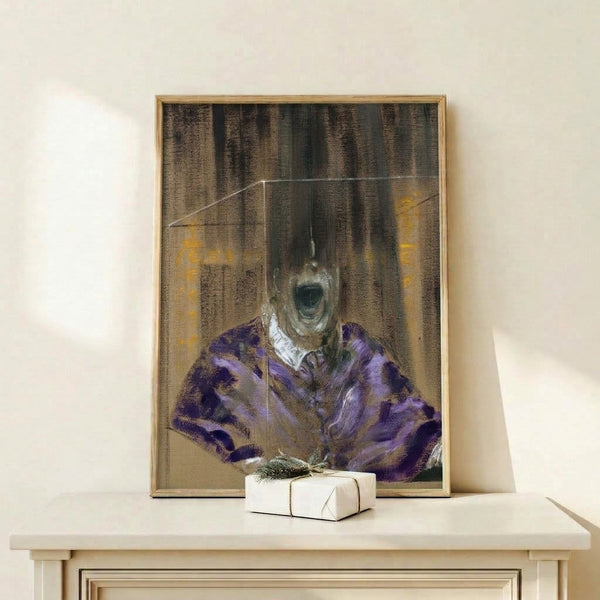 Framed art print of Head VI with gestural brushwork and abstracted facial geometry rendered in shadowy grays, blacks, and ochres against a neutral wall.
