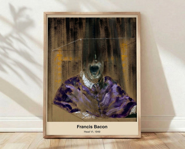 Abstract modern portrait of a distorted head rendered in charcoal gray and burnt orange tones, enclosed within geometric cage-like lines, framed poster on wall.