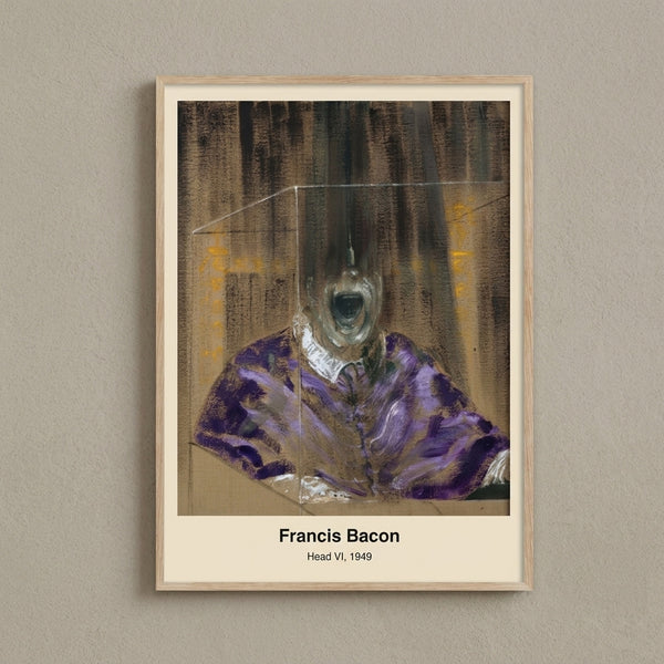 Anguished faceless figure in muted grays and cream, trapped behind angular cage structure, dark existential modern art print.
