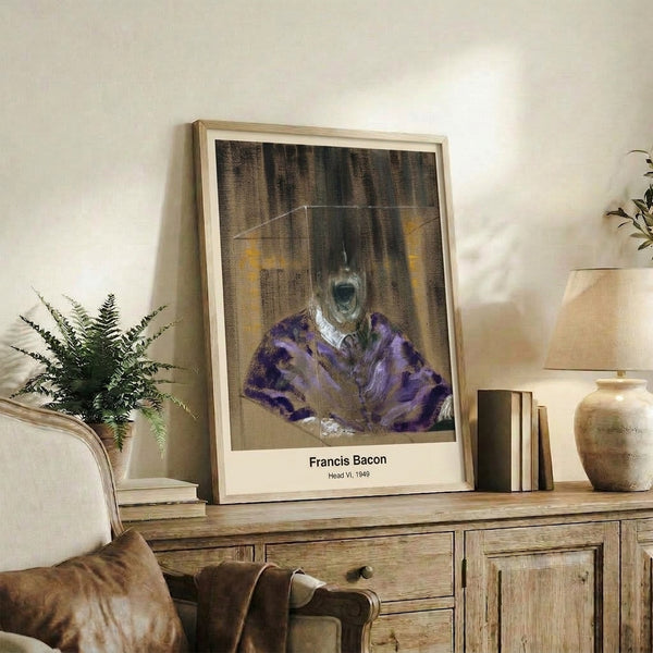 Distorted portrait form in deep shadow and burnt orange hues with draped elements, enclosed by linear cage structure, framed contemporary print.