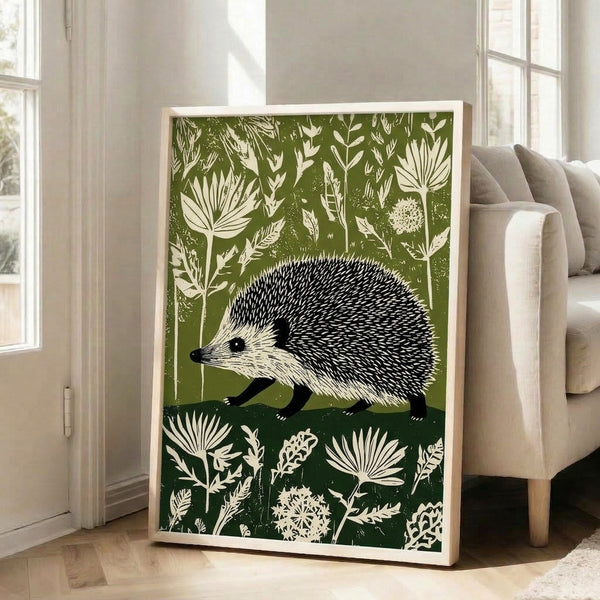 Framed botanical line art poster featuring a hedgehog surrounded by wildflowers in a boho style, rendered in black and cream tones with olive green accents, evoking a nature-inspired mood.