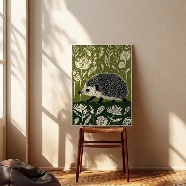 Black and cream linocut print of a hedgehog in a wildflower meadow with botanical details, displayed as a framed wall art piece with earthy olive green hues and whimsical cottagecore charm.