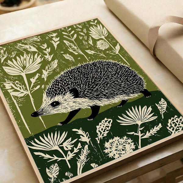 Nature-inspired linocut wall art showing a hedgehog amid flowing wildflowers and plants in black, cream, and olive green, with a peaceful boho aesthetic suitable for living room decor.