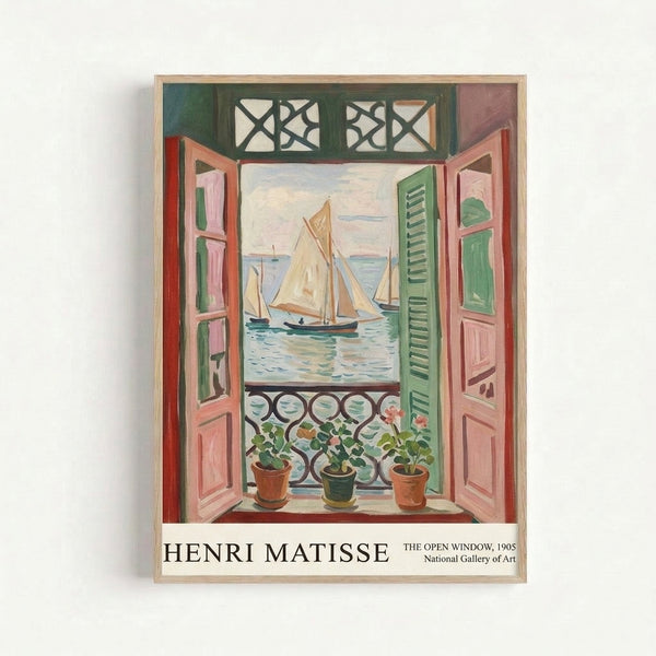 Framed art print of Matisse's iconic open window composition in soft corals, creams, and muted blues, depicting a contemplative seaside scene with potted plants and shutters.