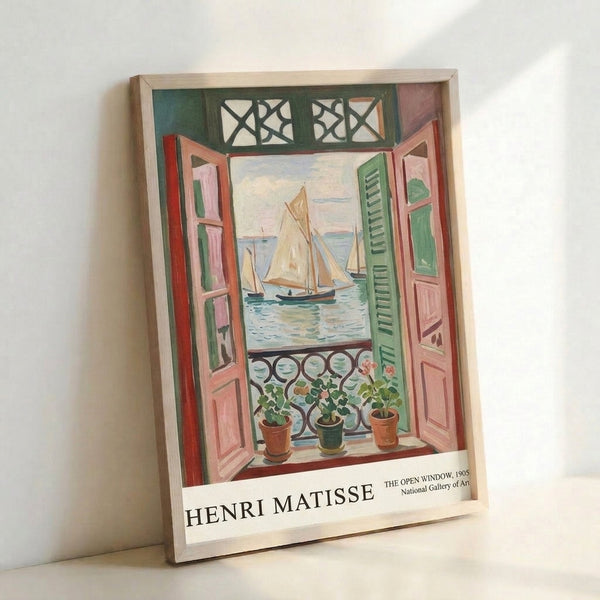 Matisse's The Open Window poster art showing a breezy balcony overlooking the sea with a sailboat, rendered in warm terracottas, soft greens, and tranquil blues.
