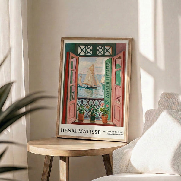 Matisse The Open Window wall art in modernist palette of coral, pale blue, and sage green, depicting a peaceful Mediterranean escape with shutters and potted greenery.