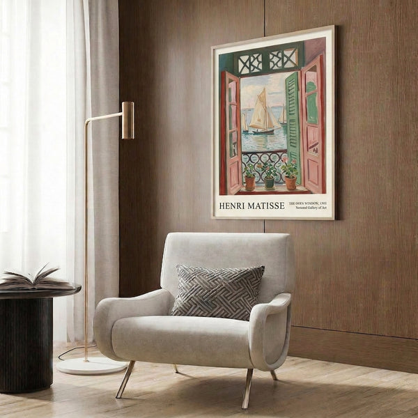 Framed poster of Matisse's contemplative open window scene featuring terracotta tones, soft blues, and green foliage with a sailboat visible beyond the balcony.