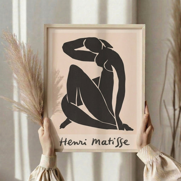 Serene minimalist poster featuring a female figure expressed through flowing black lines and simplified silhouettes on pale background.
