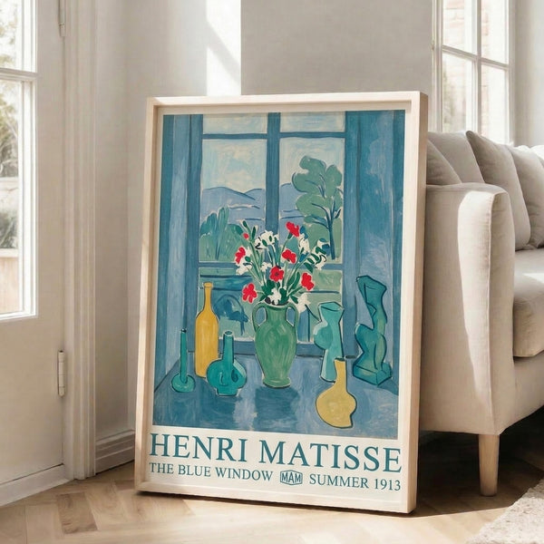 Modern poster of Matisse's The Blue Window displaying a peaceful interior view with botanical elements and a window, painted in harmonious teal and pale yellow hues.