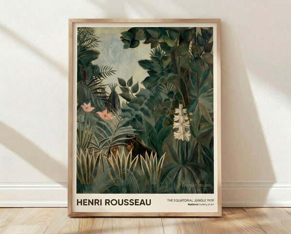Lush equatorial jungle scene with dense green foliage, exotic plants, and flowers in cream and pale pink tones, a monkey nestled among the verdant leaves in this serene Impressionist-style art print.