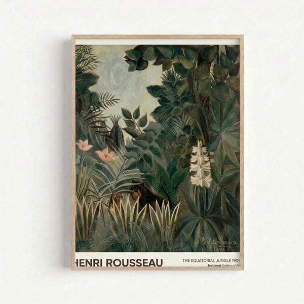 Henri Rousseau's contemplative jungle composition featuring layered forest greenery, botanical elements, and a solitary monkey surrounded by ornate flowering plants and ochre-toned earth.