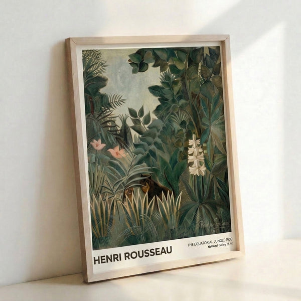 Exotic botanical jungle landscape with rich forest green and cream palette, Art Nouveau-inspired foliage composition centered around a peaceful monkey amid flowering plants and leafy branches.
