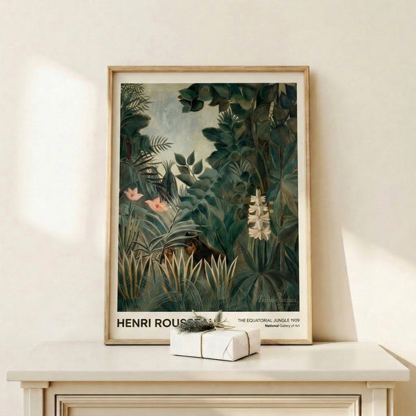 Serene tropical scene rendered in Impressionist style with lush jungle vegetation, delicate pale pink blooms, deep greens, and a quiet monkey figure nestled within dense ornamental foliage.
