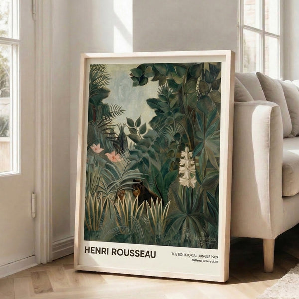 Vintage poster depicting a contemplative equatorial jungle thick with layered plants, flowers in cream and soft pink, earthy ochre tones, and a monkey resting among the verdant canopy.