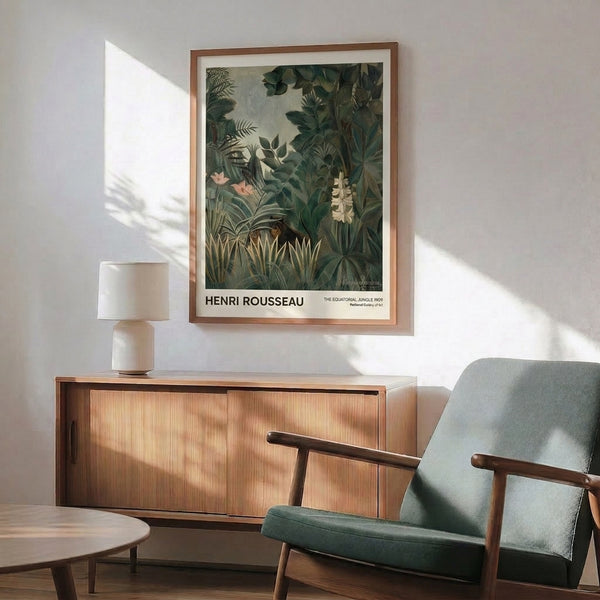 Art Nouveau-influenced jungle print in forest green, cream, and brown tones showing exotic botanical abundance with a monkey figure peacefully positioned amid flowering plants and intricate foliage.