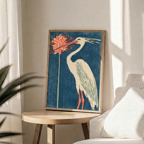 Japanese-inspired poster art depicting a poised heron with delicate red spider lily blossoms, combining woodblock aesthetics with Art Nouveau elegance in cool and warm tones.