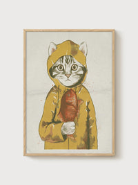 Cat Yellow Raincoat Fish