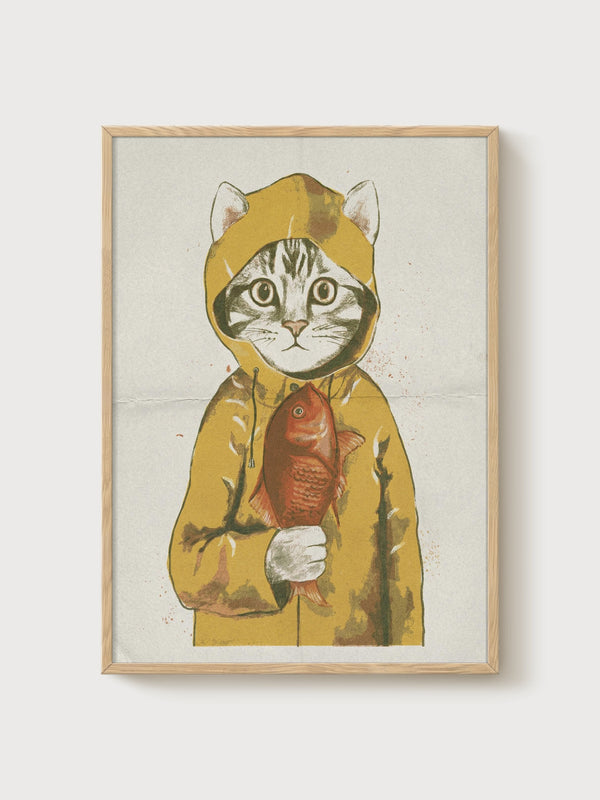 Cat Raincoat Print poster in oak frame