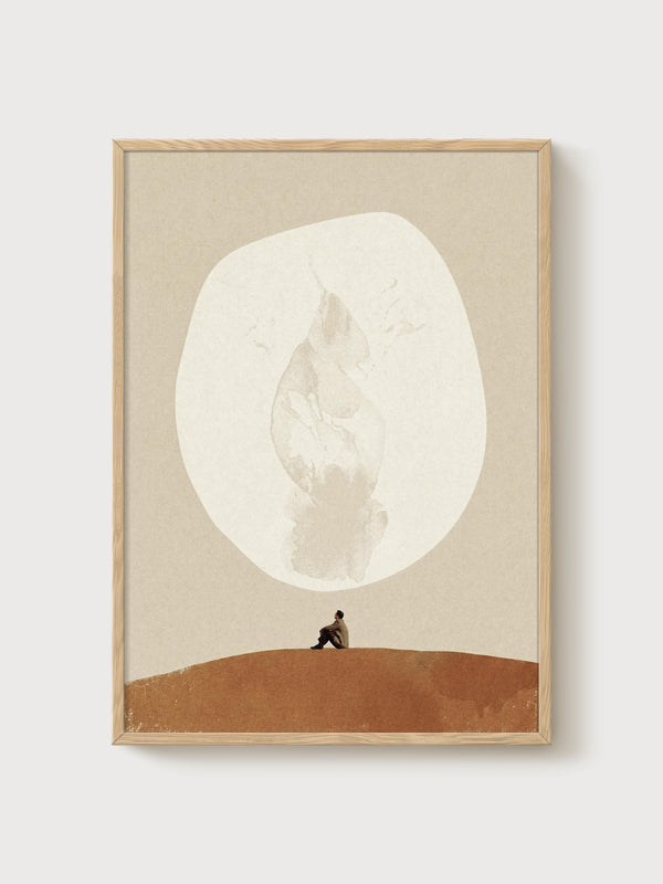Minimalist Desert Moon Print poster in oak frame