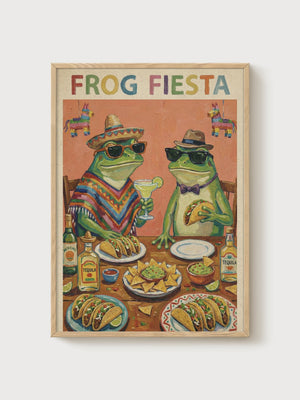 Quirky Frog Fiesta Print poster in oak frame