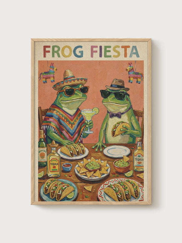 Quirky Frog Fiesta Print poster in oak frame