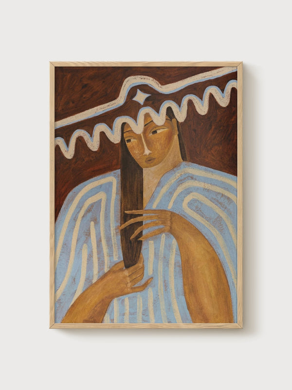 Folk Art Portrait Print poster in oak frame