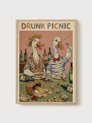 Drunk Picnic Duck Print poster in oak frame