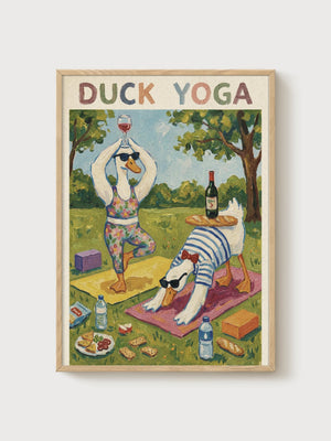 duck yoga print poster in oak frame