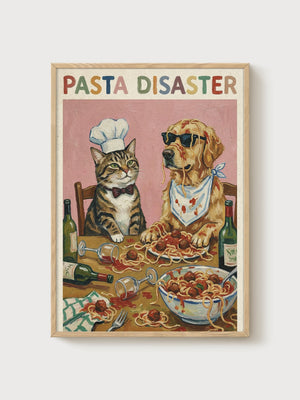 Pasta Disaster Print poster in oak frame