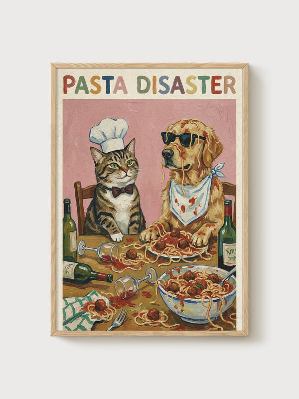 Pasta Disaster Print poster in oak frame