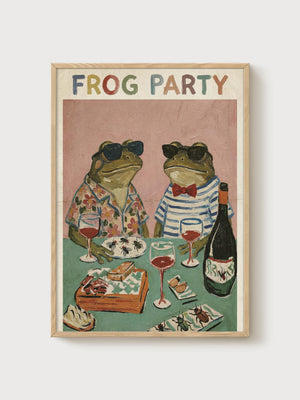 Frog Party Print poster in oak frame