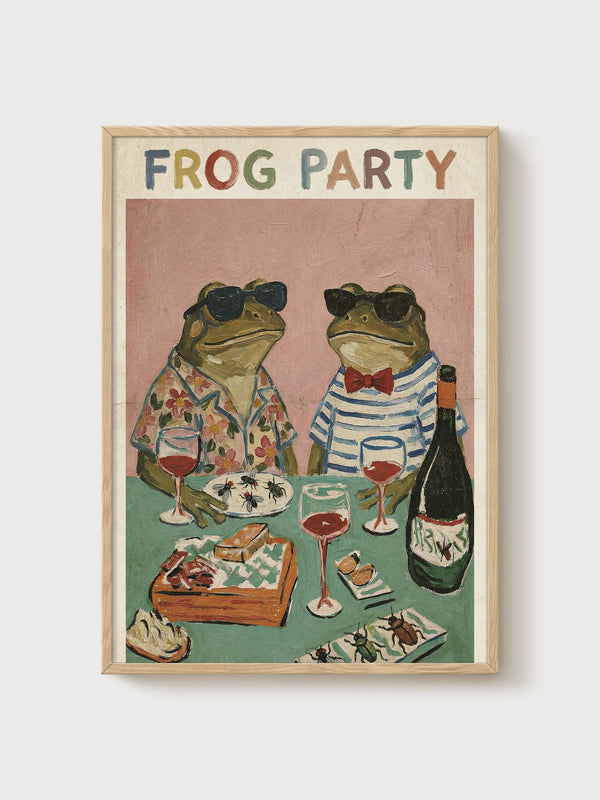 Frog Party Print poster in oak frame