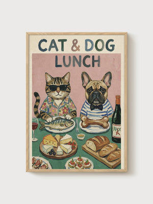Funny Cat and French Bulldog Print poster in oak frame