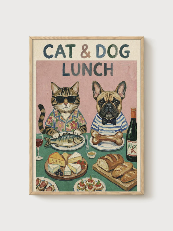 Funny Cat and French Bulldog Print poster in oak frame